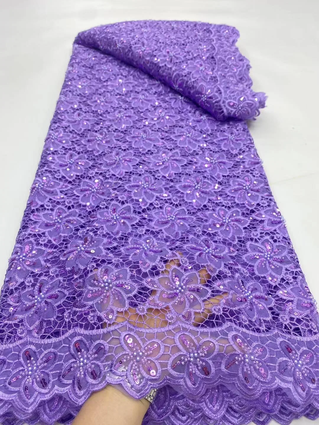 

2025 African Nigerian High-Quality Embroidery Lace Fabric Tulle Sequins Organza for Wedding Party Dresses 5Yards DP0428