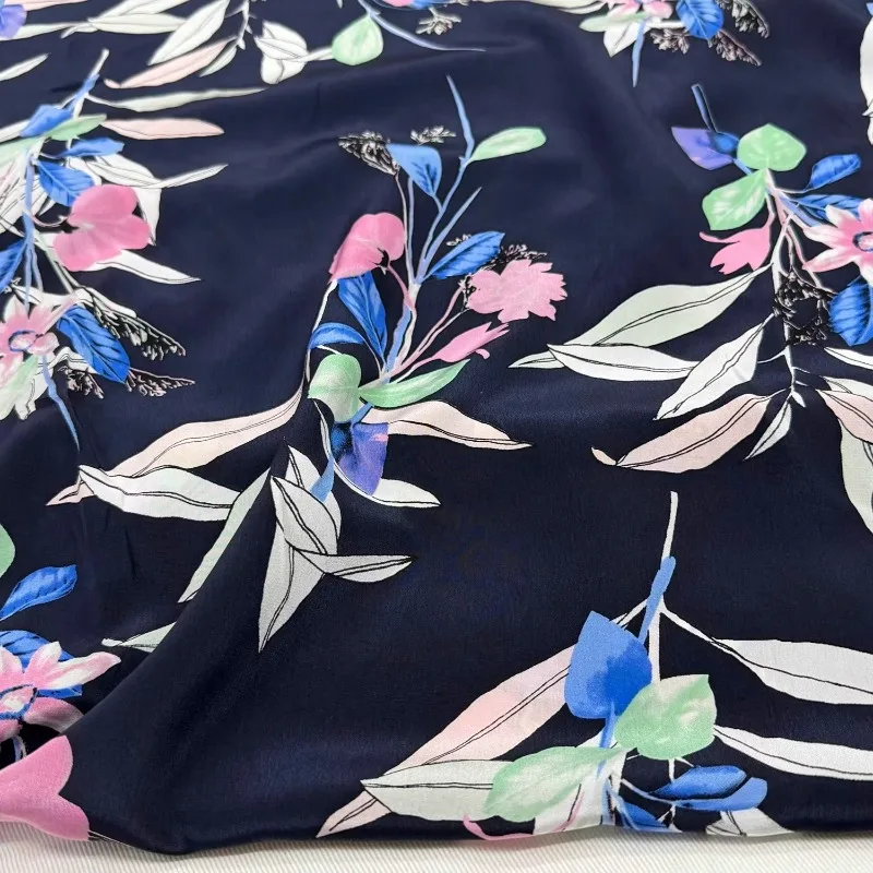 

Dark Blue Print 100%Mulberry Silk Crepe De Chinese Style Satin Fabric Shirt Dress Blouse Gown Elegance DIY Home Craft Material