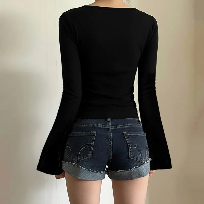 Women's Black Lace Doll Collar Peplum Top, Y2K Flare Sleeve A-Line Babydoll Blouse with Button Details