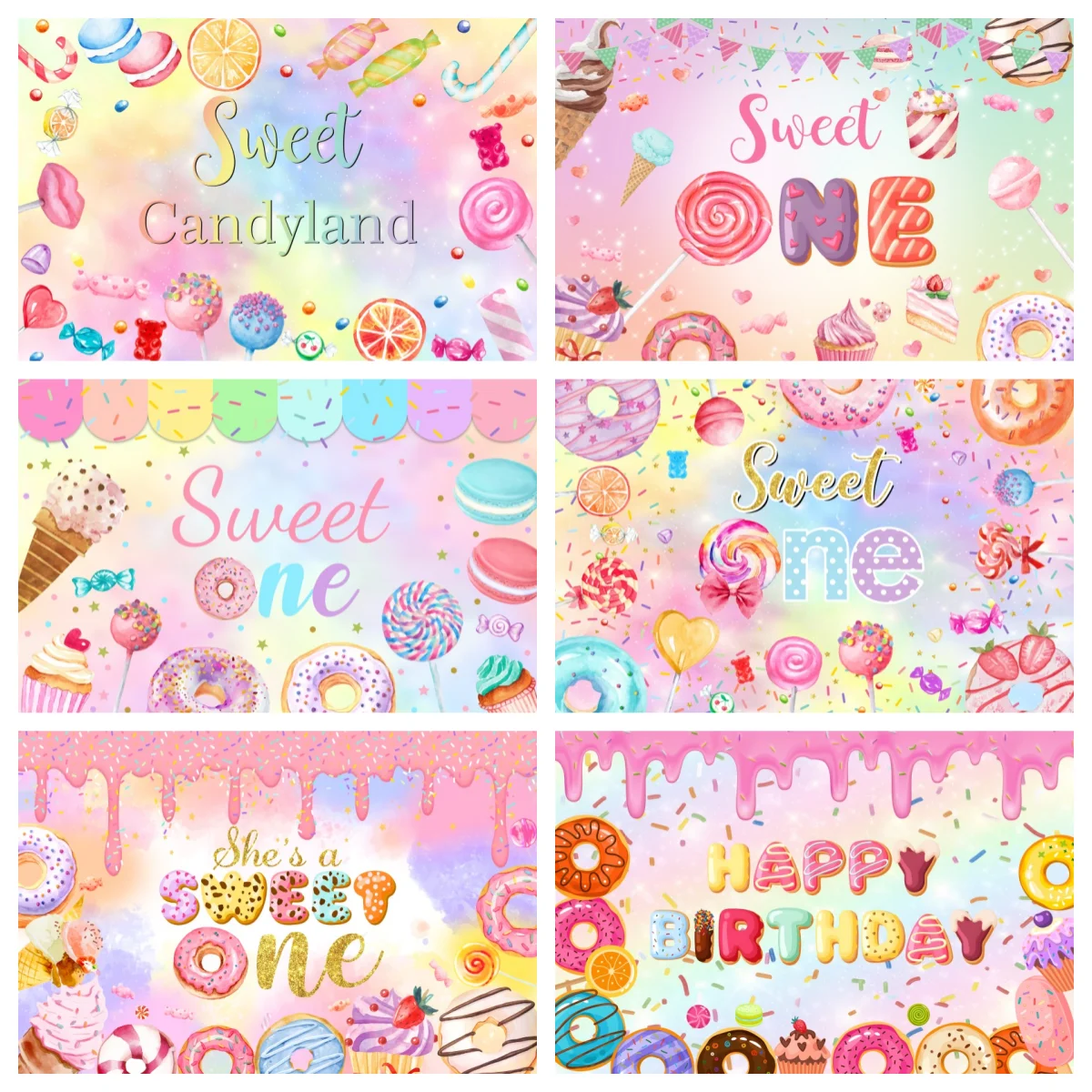 Sweet Candy Photography Backdrop Lollipop Donut Ice Cream Decor For Kids Birthday Party Sweet One Photo Booth Background Decor