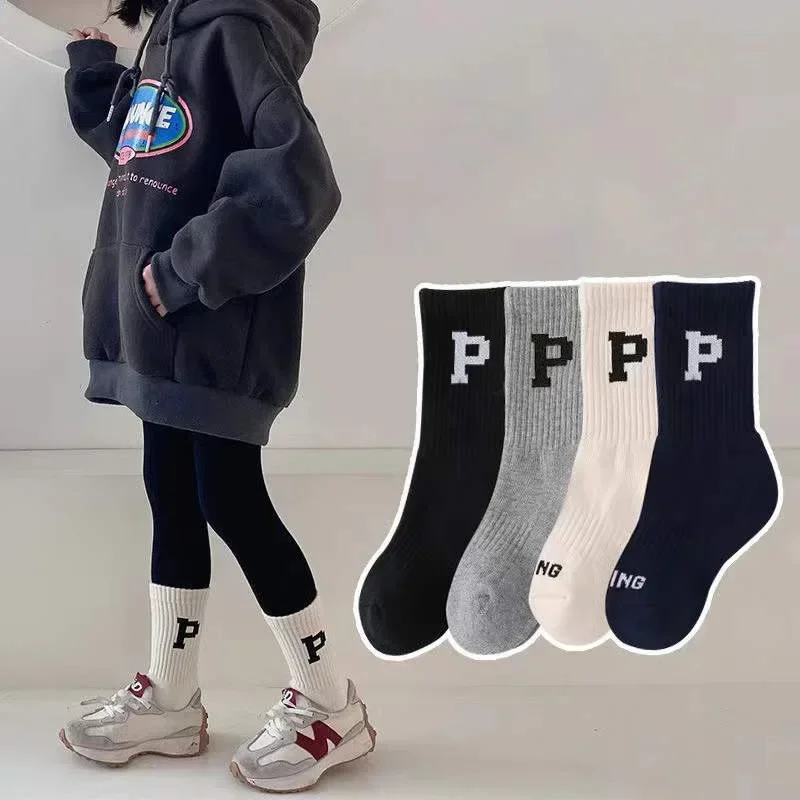 

Korean Fashion Letter Leggings Socks Japanese for Children Knit Cotton Middle Tube School Boys Girls Casual Sports Stockings