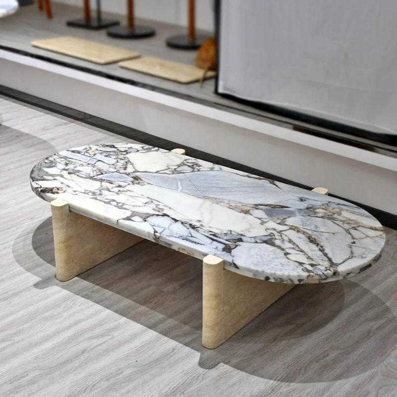 Modern Simple Style Nesting Oval Marble Solid Wood Table Top Travertine Wooden Coffee Table