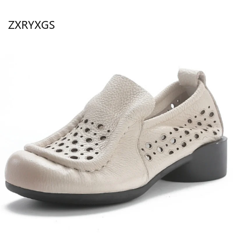 

ZXRYXGS 2025 Summer Retro Style Genuine Leather Hollow Breathable Shoes Women Sandals Low Heel Soft Sole Comfort Elegant Sandals