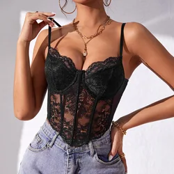 Sexy Lace V-neck Underwire Fishbone Floral Embroidery Backless Crop Tops Sheer Hottie Corset Hollowing Halter Shapewear Camisole