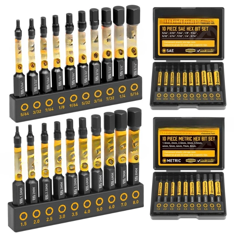 

The hex wrench bit set has a magnetic tip and comes with a storage case