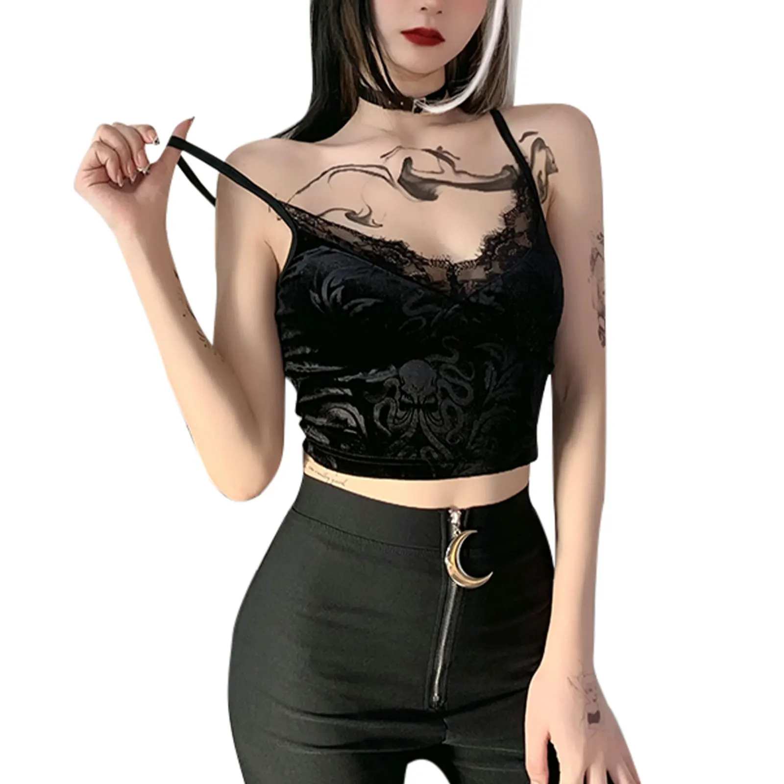 Women Sexy Gothic Crop Top Sleeveless Black V-neck Camisole Floral Lace Trim Tank y2k Lace Tops Clubwear Outfit Fall Streetwear