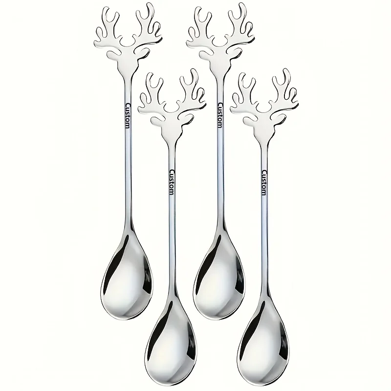 

4Pcs【Customized Model】Custom Engraved Name Stainless Steel Deer Head Christmas Cutlery, Coffee Spoon, Dessert Spoon, Stirring Spoon, Cute Household Beverage Stirring Spoon, Heart-Shaped Dessert Coffee Spoon, Custom-Made for Birthdays and Anniversaries