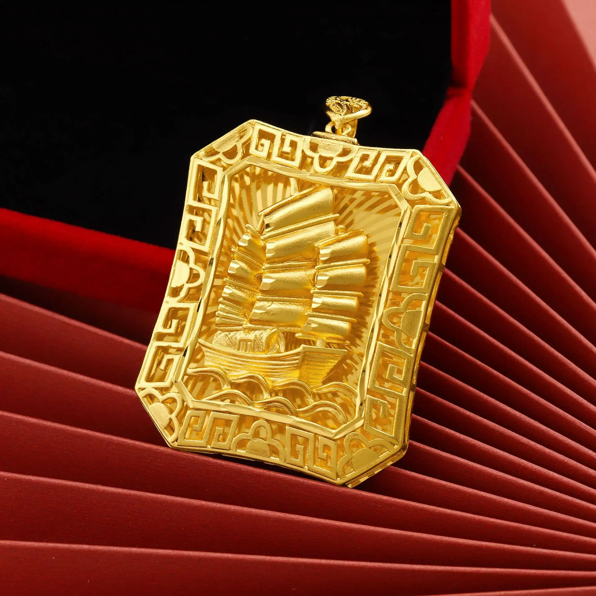 Luxury 24K 9999 Pure Gold real gold Frosted Sailing Pendant Men's Necklace