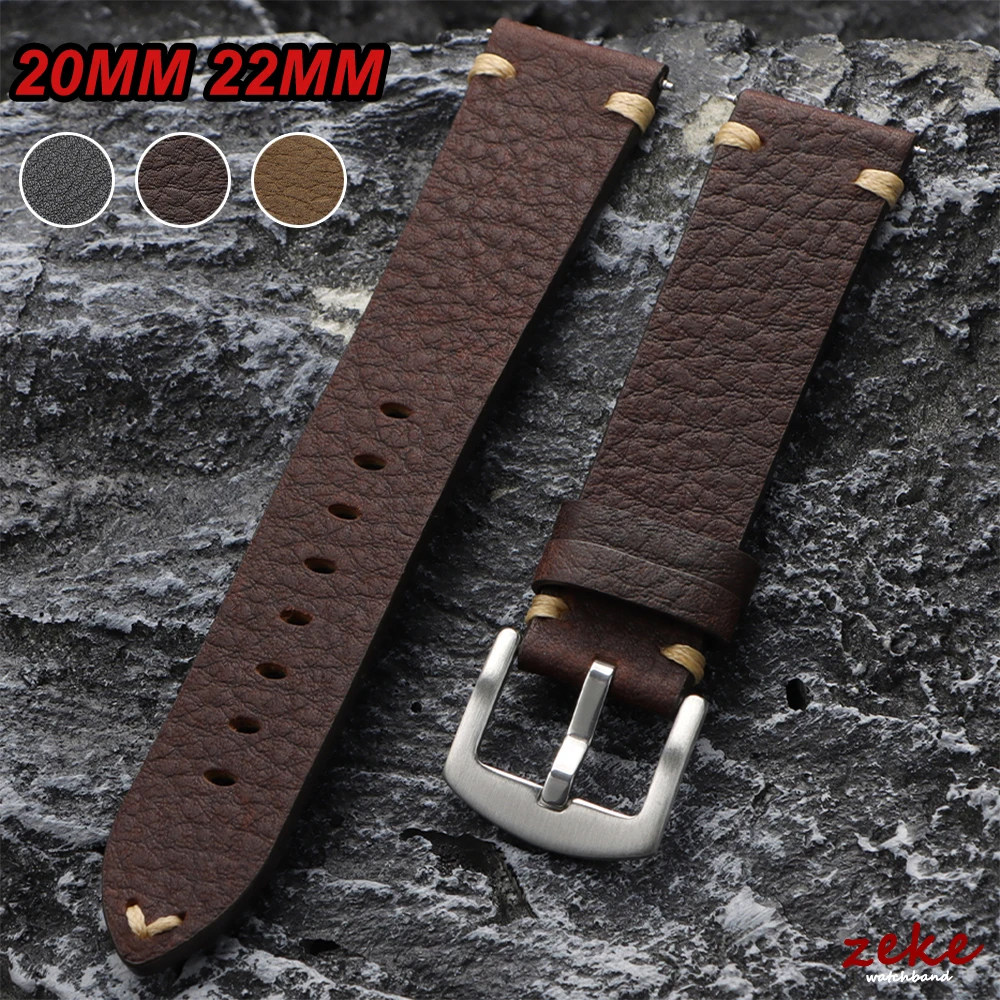 20MM 22MM Genuine Cowhide Watchband Vintage Soft First Layer Calfskin Watch Strap Men Brown Black Handmade Stitchng Bracelets
