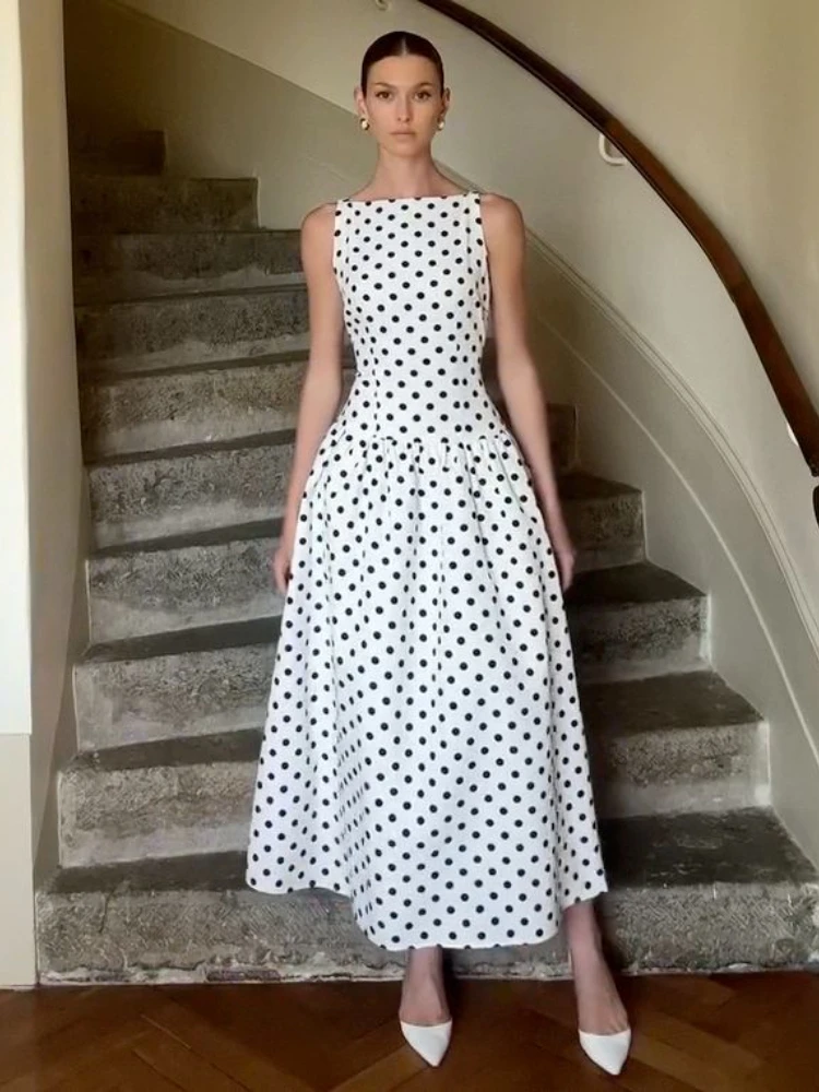

2025 Elegant Women Polka Dot Maxi Dresses Chic Sleeveless Round Neck High Waist Slim Long Vestidos Lady Party Street New Dress