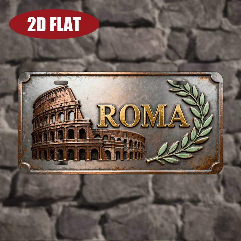 2D Flat 1pc Vintage Aluminum License Plate 30.48x15.24cm Roma Roman Theme Colosseum Pattern Decorative Metal Sign for Home Bar C