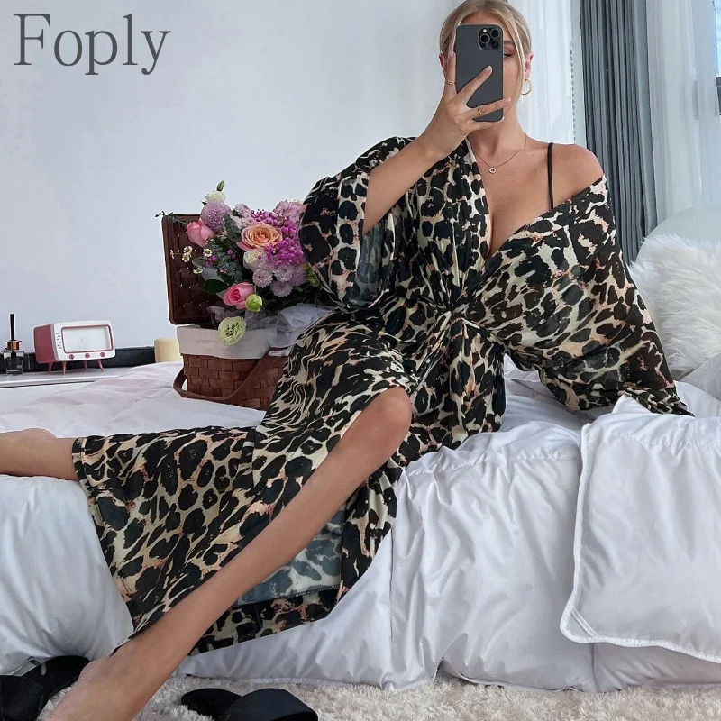 

Women's Mesh Leopard Print Sexy Slit Robes Home Clothes Nightgowns Kimono Long Bathrobe Pajamas Spring Autumn Long-sleeved Dress