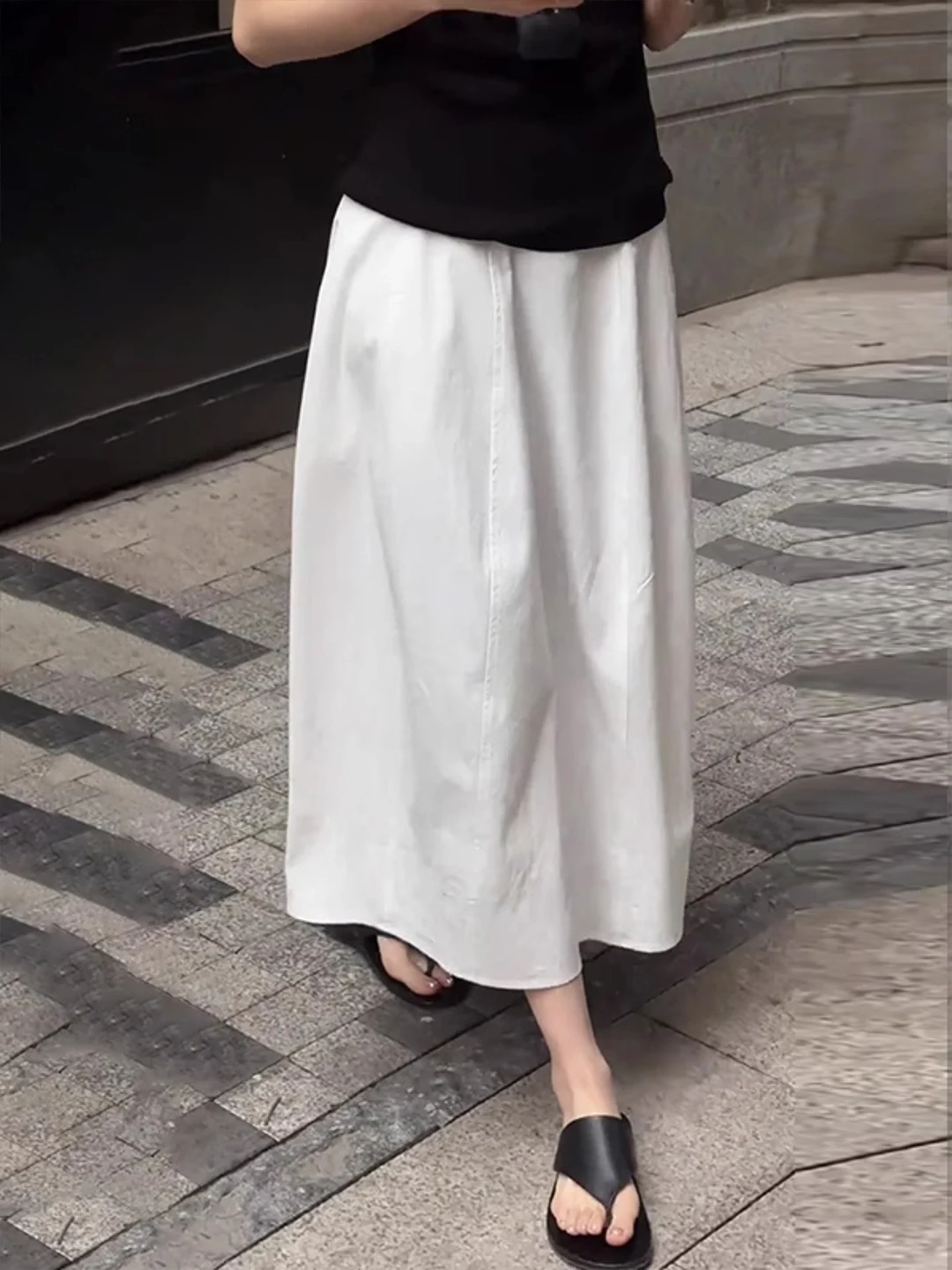 

Ele White A-Line Skirt High Waist Splice Design Slimming Summer Faion Women's Commute Vintage Sle Mid-Length