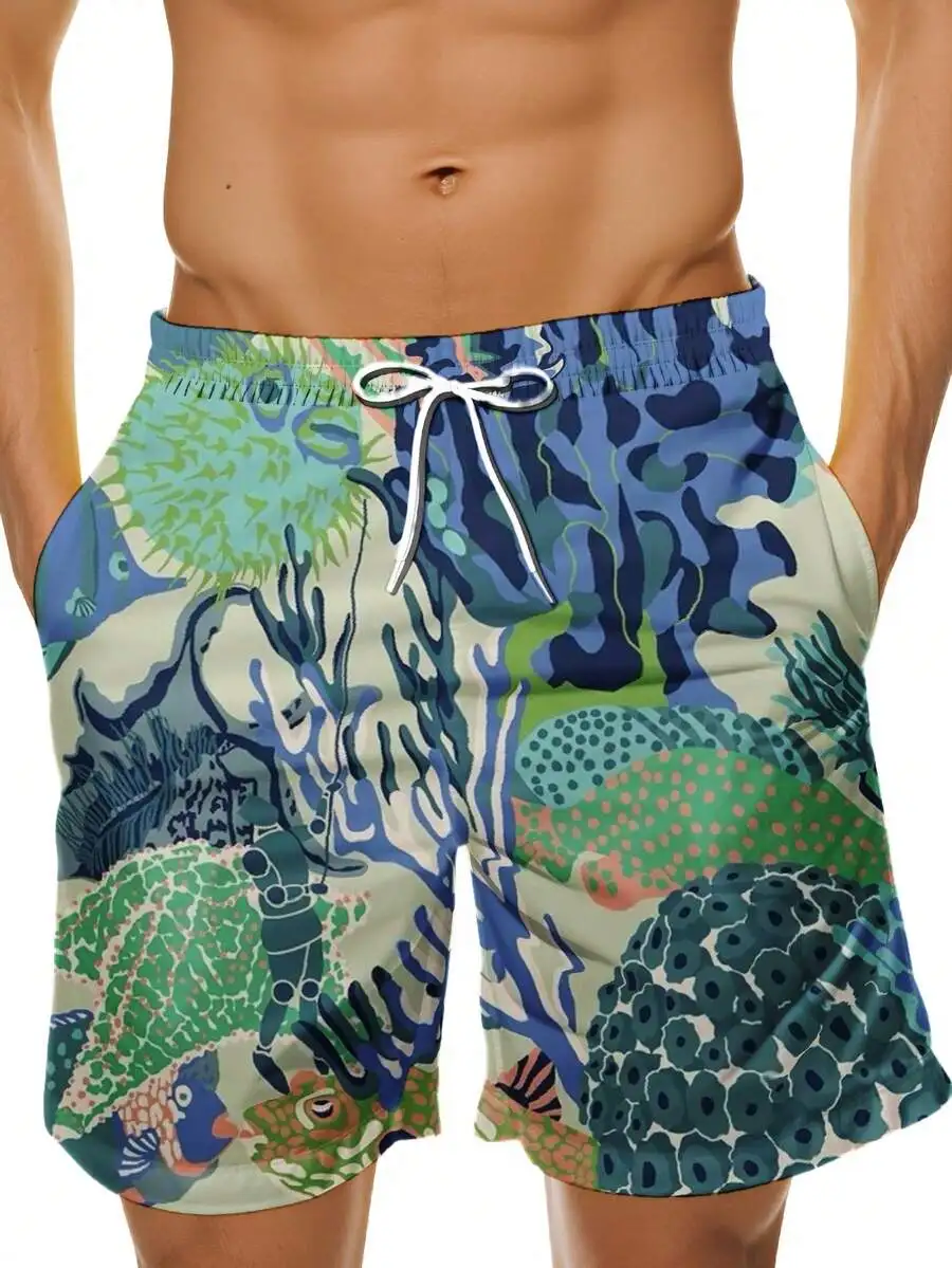 

Mens Coral Reef Print Quick Dry Swim Trunks With Drawstring Waist