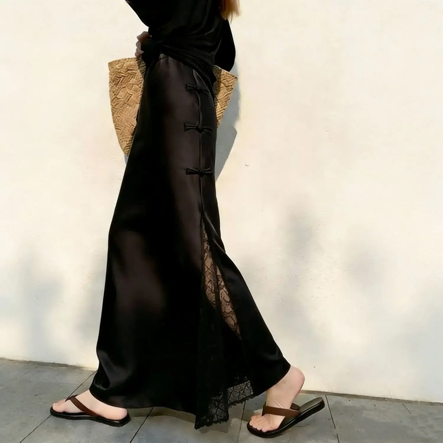 Satin National Style Skirt Summer New High Waist A-word Skirt Lace Splicing Long Skirt New Chinese Versatile Fishtail Skirts