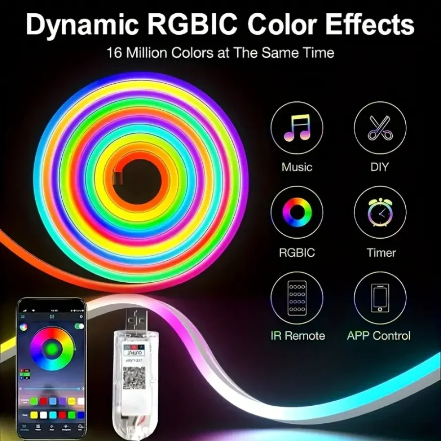 5V RGB Silicone Neon LED Strip Light with APP & 24-Key Remote, USB Powered, Music Reactive Lights for TV, Room, Desk Decoration