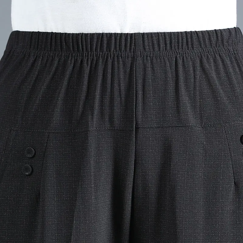 Summer Office Lady Fashion Casual Pockets Plaid Cropped Pants Women's Clothing Simplicity Elastic High Waist Straight Trousers