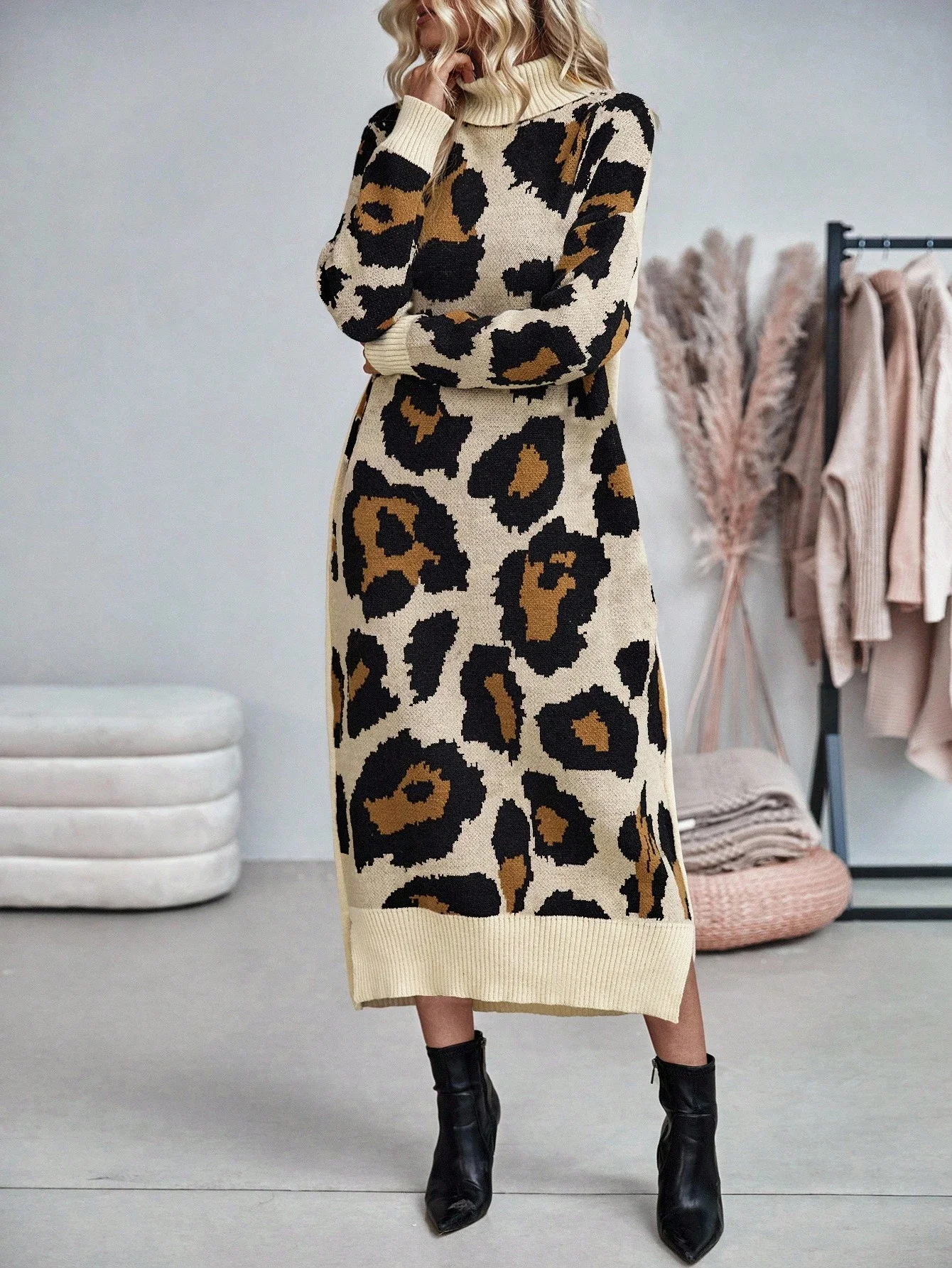 

Женское платье-свитер с леопардовым принтом, повседневное длинное трикотажное платье миди