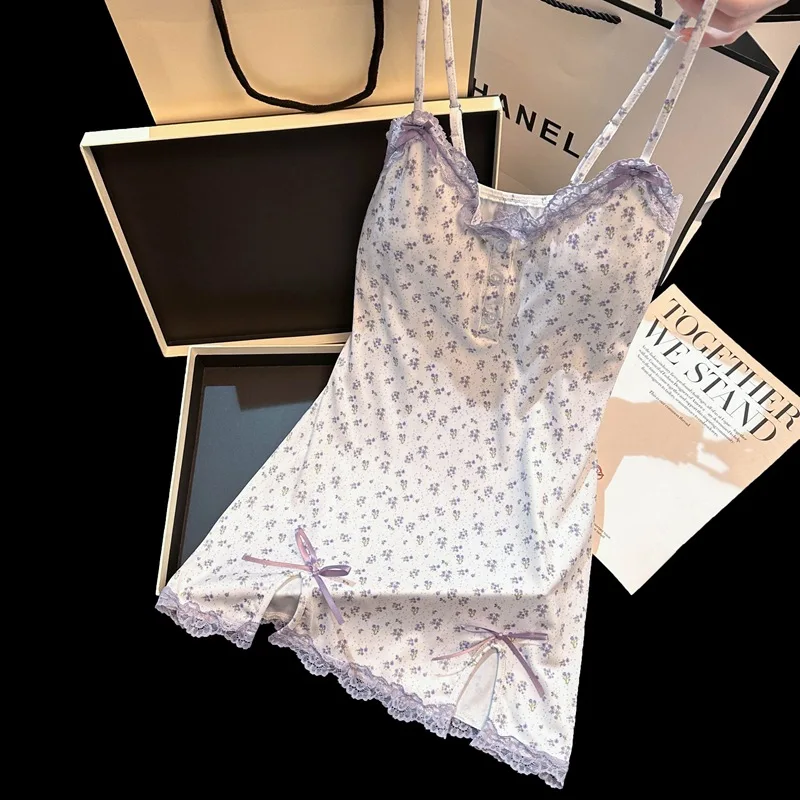 Sexy Cute New Floral Lace Short Split Camisole Night Dress With Built In Chest Pads Women Intimate Sleepwear Home Wear