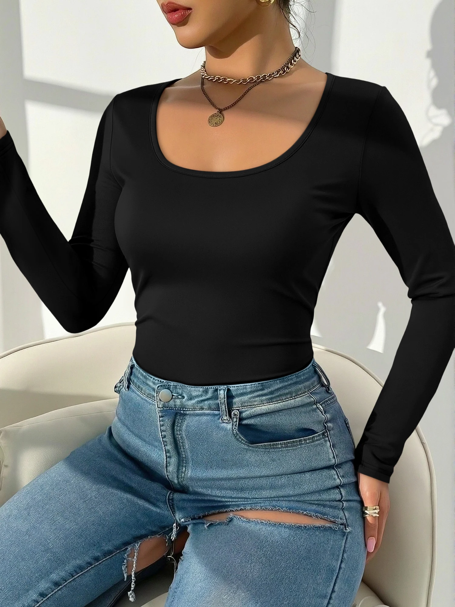 Sophisticated U‑Neck Long Sleeve Fitted Top, Silky Stretchy Knit Shirt for Smart‑Casual Work & Office Daily Wear