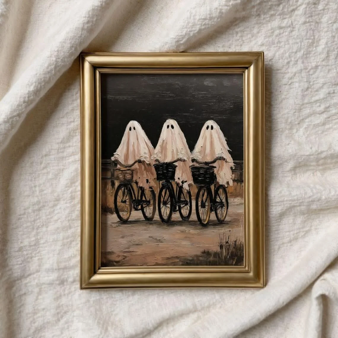 Vintage Ghost Bicycle Print - Spooky Cottagecore Trendy Halloween Painting Printable, Whimsical Dark Academia Fall