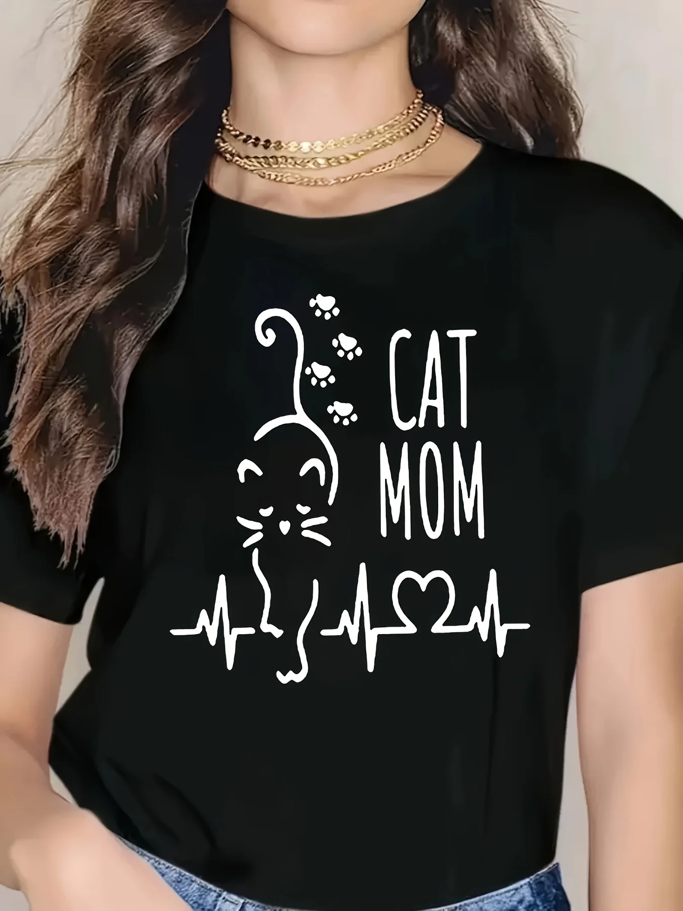 

Women's Casual T-Shirt with Geometric Cat Print Crew Neck Sleeve Stretchy Summer Sleeved Harajuku Streetwear Aesthetic Clothes