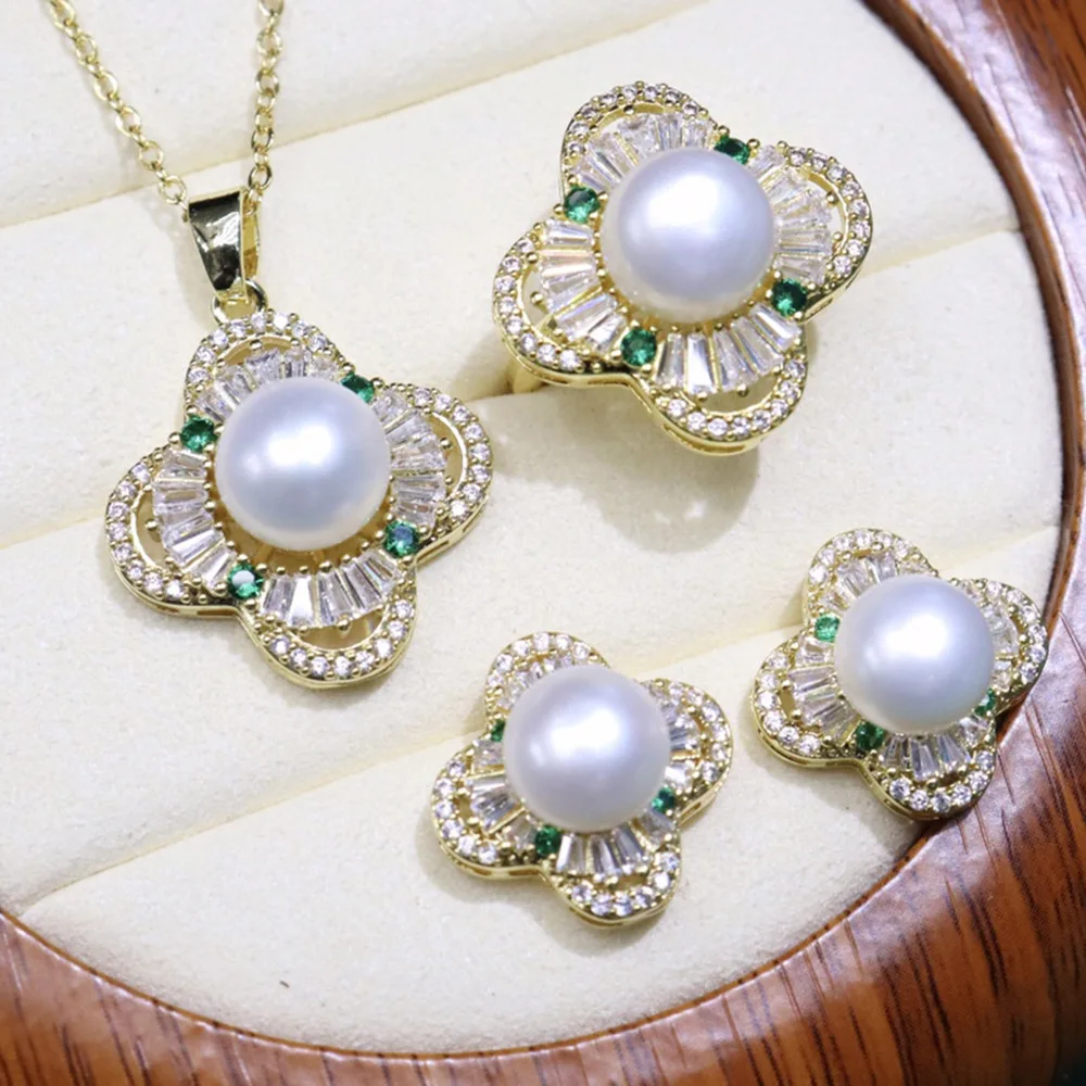 

one set freshwater pearl 8-9mm pendant /earrings/Ring white/yellow/black green zircon flower pendant