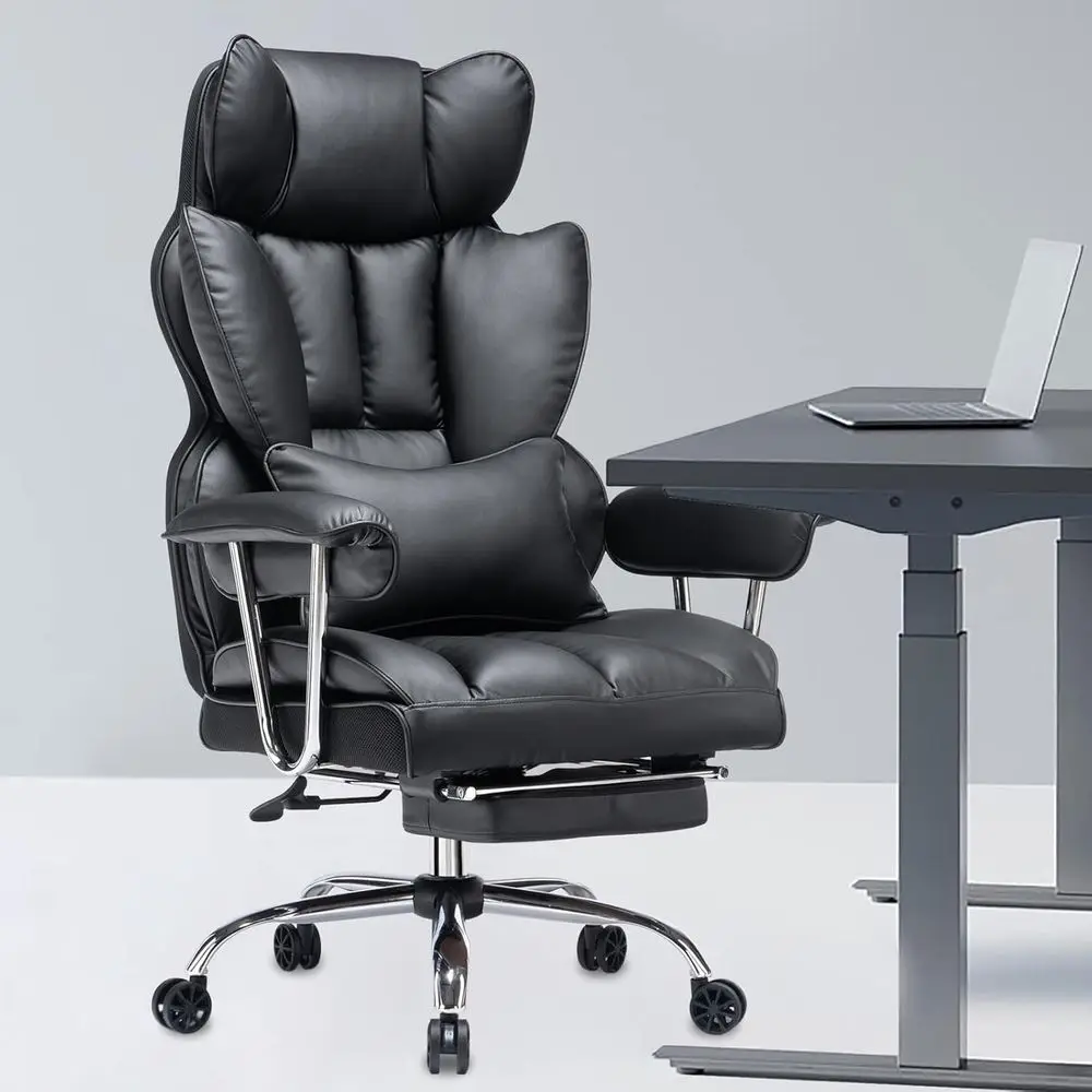 Ergonomischer Bürostuhl mit hoher Rückenlehne, verstellbarer Fußstütze und Lendenwirbelstütze, Executive-Drehstuhl, Schwarz