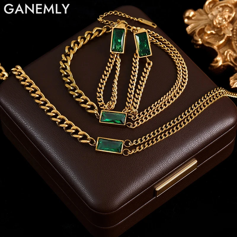 GANEMLY 316L Stainless Steel Green Crystal Necklace Bracelet Earrings Set For Women Girl Fashion Waterproof Jewelry 3-Set Gift