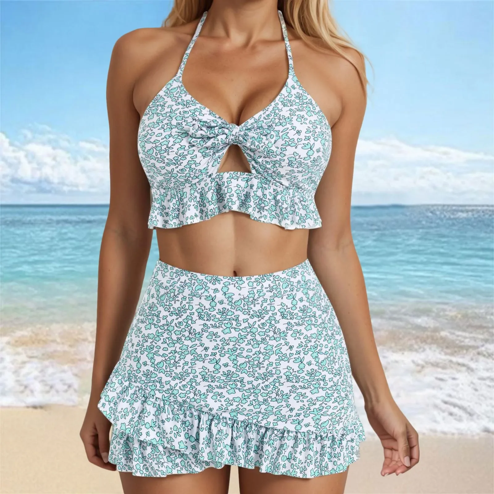 

Горячий купальник для молодых женщин, купальники с цветочным принтом на косточках, бикини с завязками, комплекты бикини с высоким вырезом, летние каникулы, хит продаж