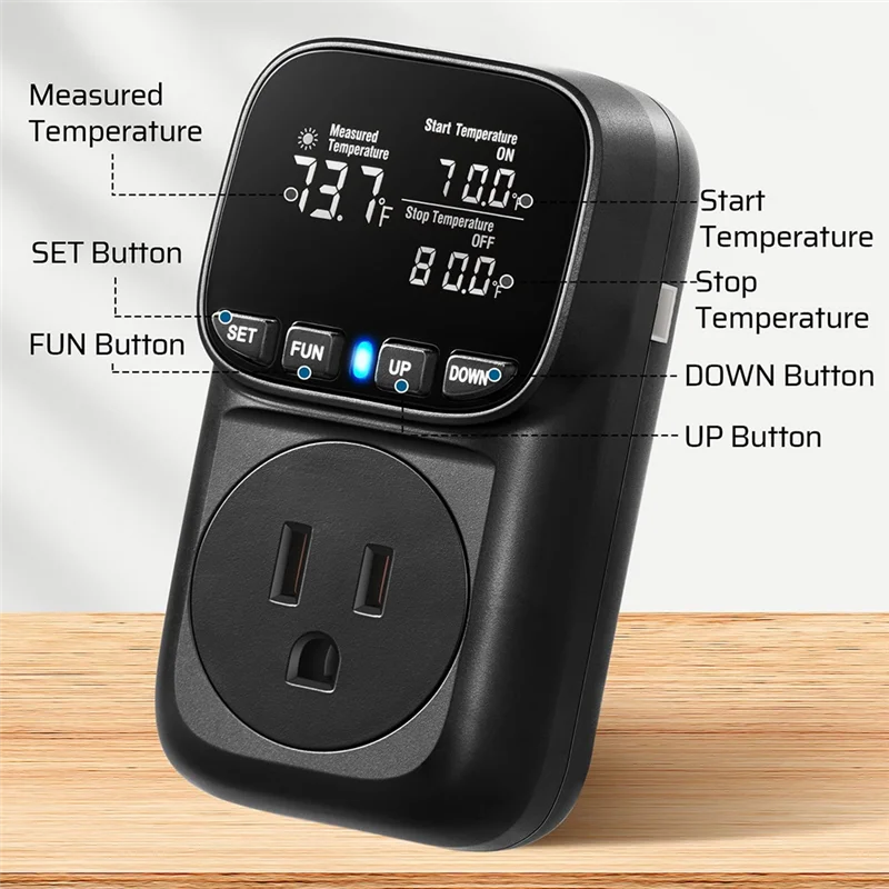 SOFT-Digital Temperature Controller, 15A/1800W Thermostat Outlet Plug, VA Display Heating Cooling Control Timer US Plug