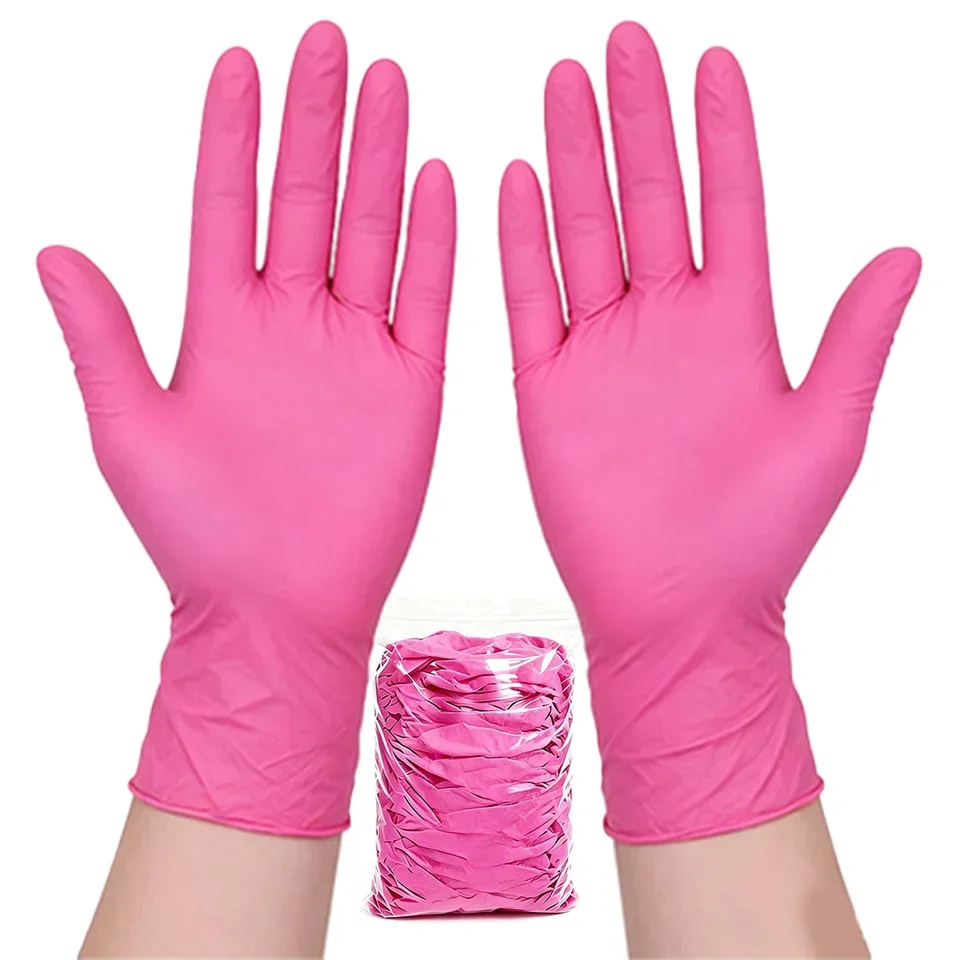 50PCS Deep Pink Nitrile Gloves Disposable Powder Free Gloves for Tattoo Cleaning Beauty Salon Nail Art Hair Dye and Daily Use