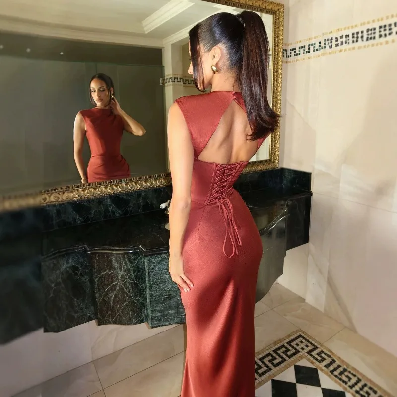 Women Retro Fashion Satin Mermaid Maxi Dress 2026 Autumn Solid Draped Sleeveless Backless Waist Cinch Bodycon Party Long Dress