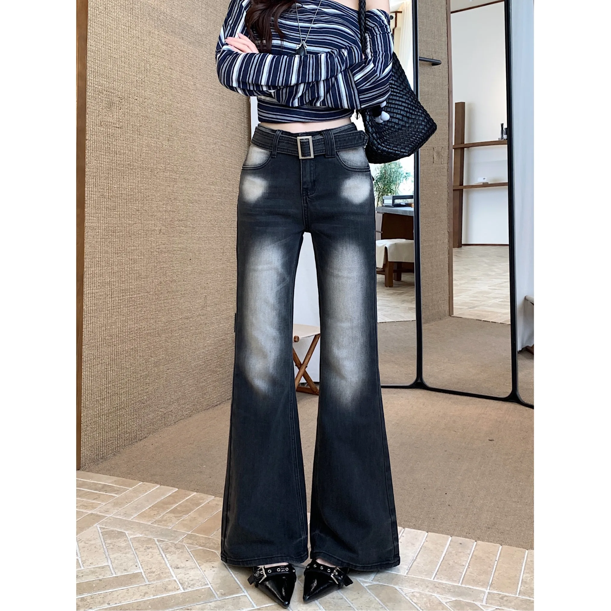 

Джинсы-колокольчики с резинкой в стиле ретро, женские джинсы с поясом, прямые брюки с широкими штанинами, длиной до пола, для поездок на работу, смесь хлопка