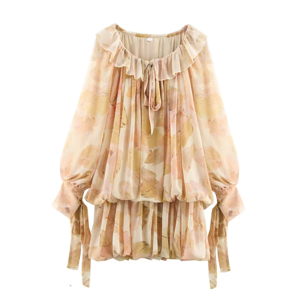 

PB&ZA 2025 Women's Off - Shoulder Blouse with Floral Print Ruffled Collar and Tie - Cuffs for a Feminine and Bohemian Look