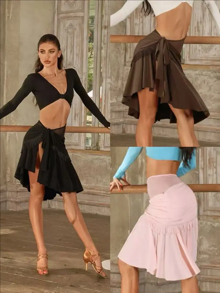 Latin Dance Fringe Mesh Warp Skirt Blkack Brown Pink ZYM Flowy Wrap Skirt #24085