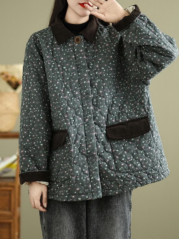 

Аутентичные теплые хлопковые куртки средней длины с цветочным принтом, свободный крой, универсальное хлопковое пальто большого размера для женщин, для поездок на работу