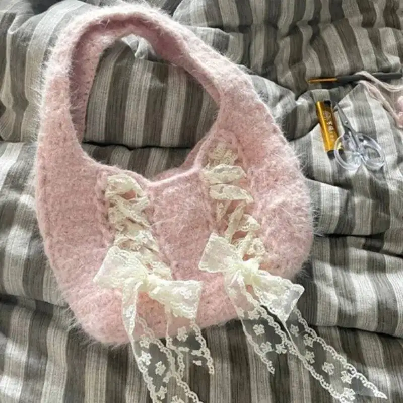 Bloom Fairycore Pink Shoulder Bags Women Sweet Lace Bow Chic Knitted Female Vintage Cute Underarm Bag Handbag Aesthetic