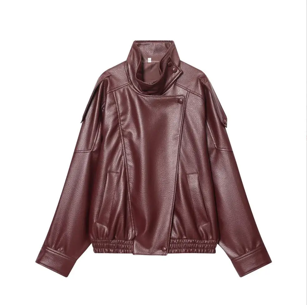 جاكيتات نسائية من الجلد الصناعي، معاطف أنيقة بياقة واقفة وأكمام طويلة، جاكيتات فضفاضة للخريف والشتاء، ملابس خارجية نسائية عصرية
