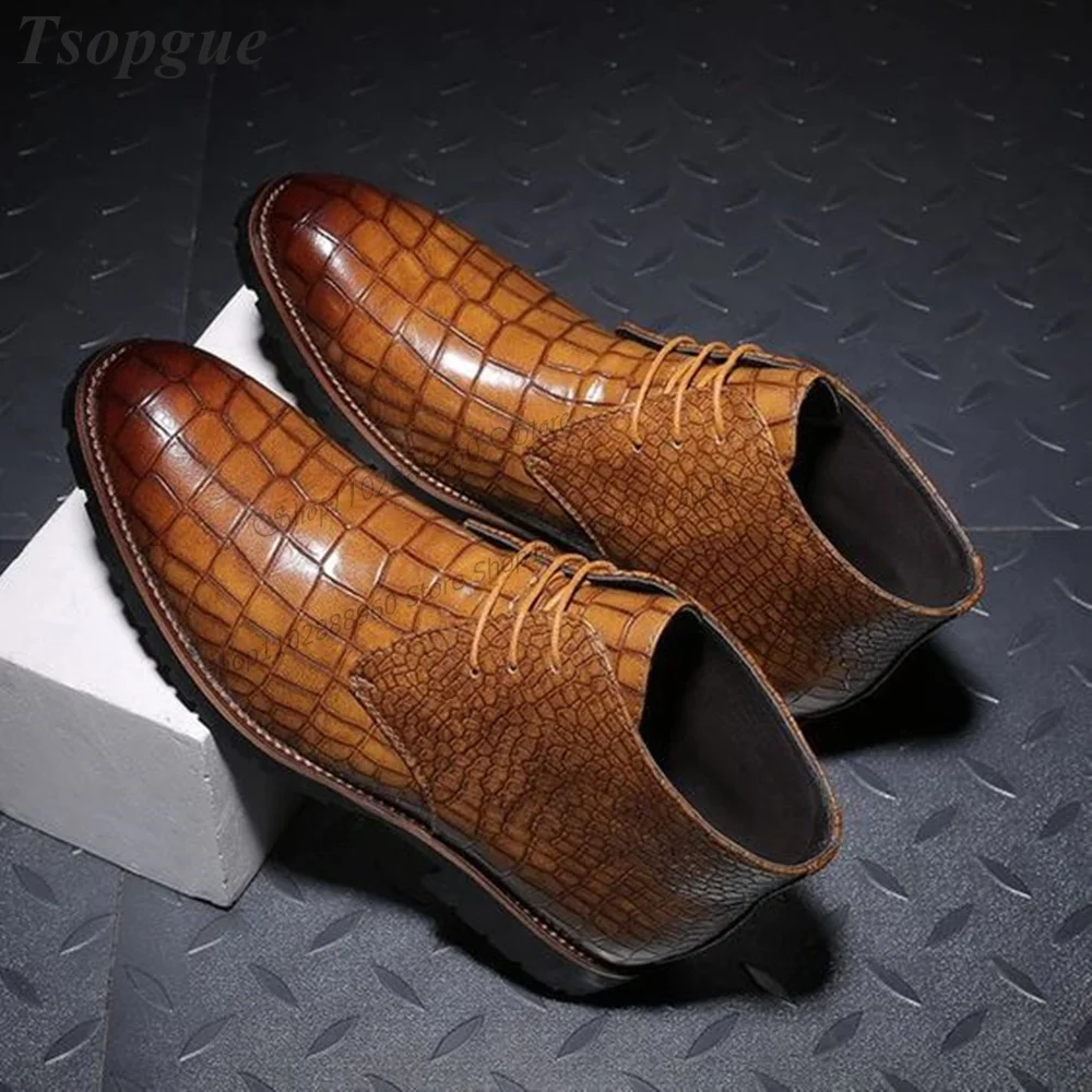 Alligator Brown Cross-Tied Patchwork Men's Pumps Shoes For Men Slip-On Runway Casual Party Shoes 2023 Fashion Zapatillas Muje