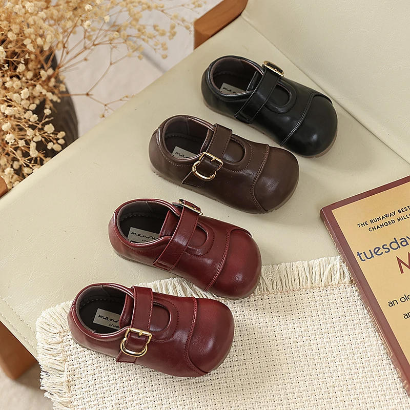 Boys Girls T-Strap Leather Shoes Soft Sole Non-slip Baby First Walker Shoes Kids Flats Casual Shoes Spring Autumn New