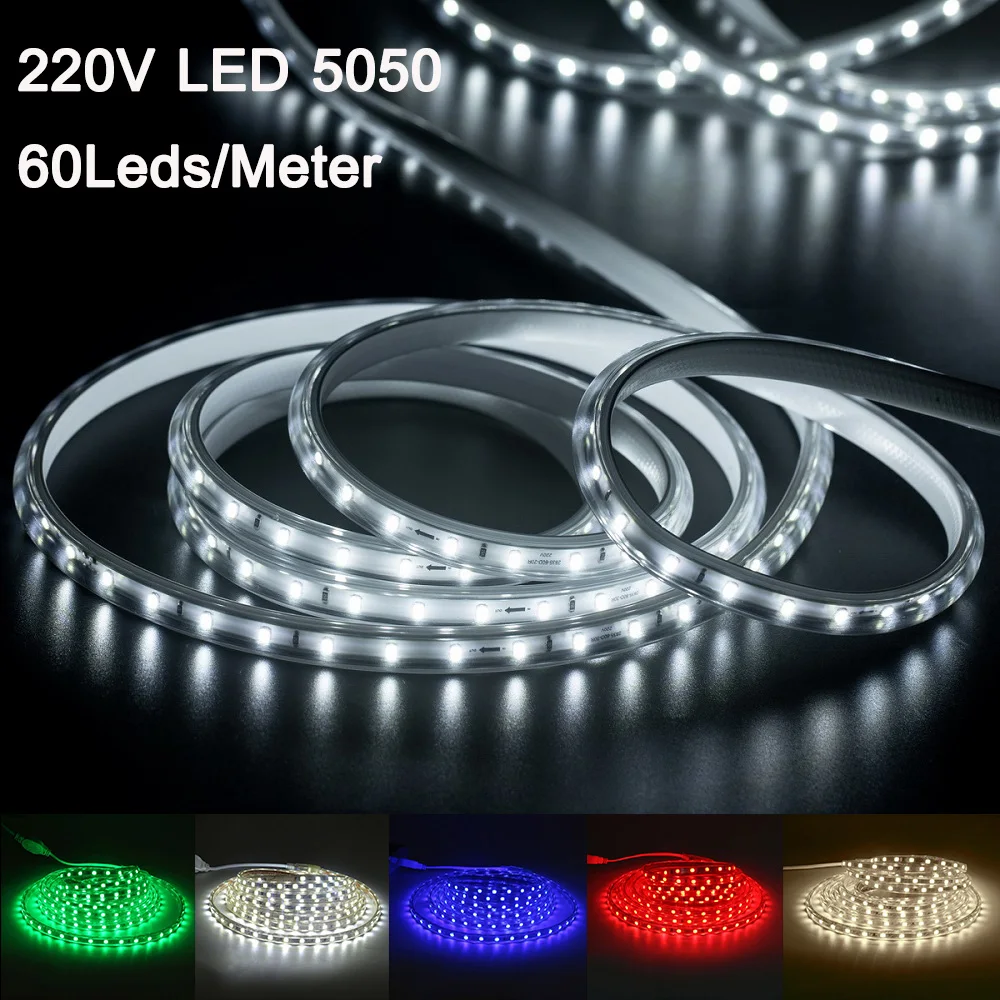 5050 LED Strip Lights 220V Waterproof LED Tape Ribbon High Brightness Flexible Kitchen Outdoor Garden Lamp Tape With EU Plug