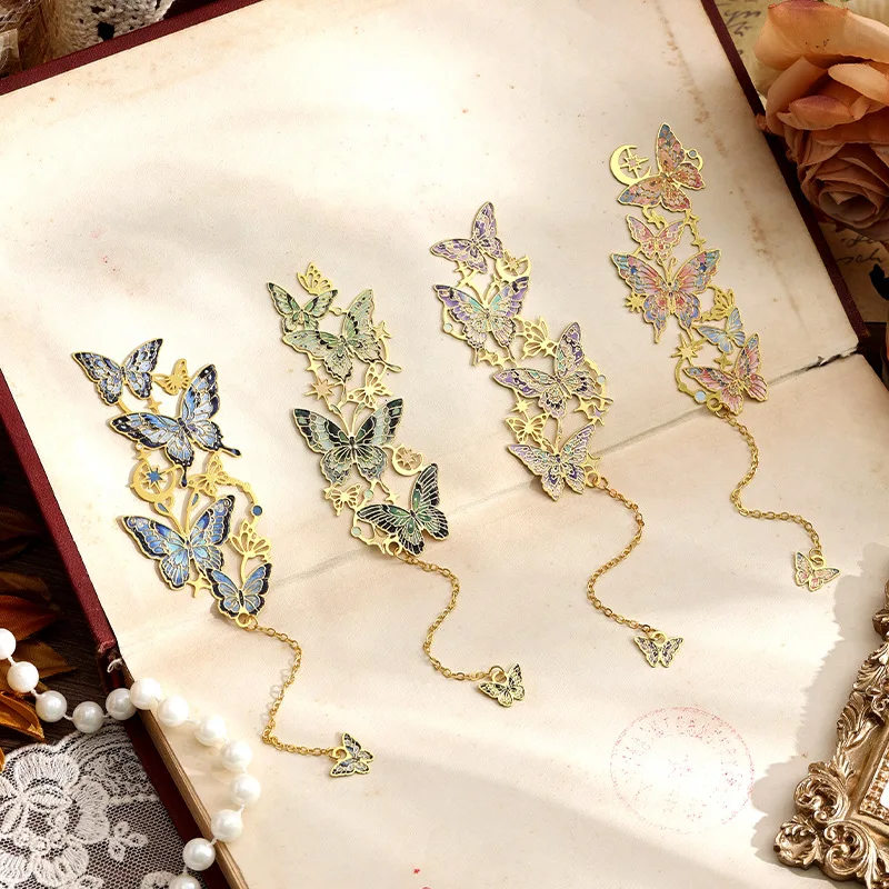 1pc Metal Bookmark Retro Butterfly Hollow Out Star Track Design Delicate Page Clip Creative Pendant Gift For Student Reading