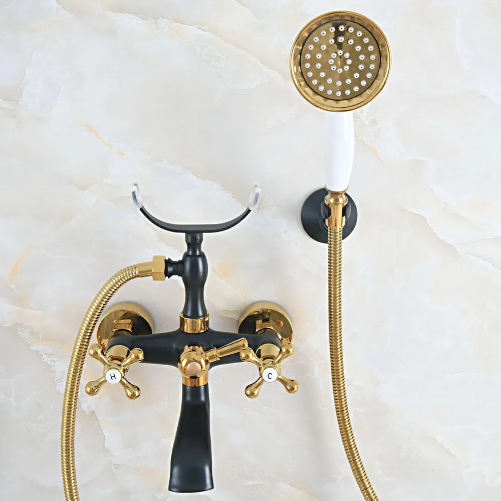 

Oil Rubbed & Gold Brass Two Handle Wall Mounted Bathroom Bath Tub Faucet Set with 150CM Hand Held Shower Spray Mixer Tap 2na530