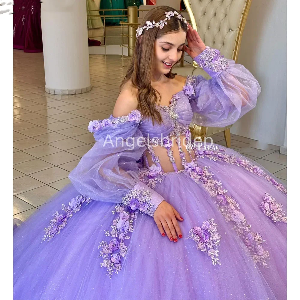 Angelsbridep Customized Long Puff Sleeves Lavender Ball Gown 15 Year Quinceanera Dress 2025 Evening Dresses Vestidos De Fiesta