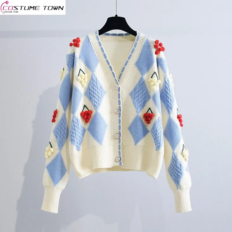 Gentle Style Short Lingge Sweater Cardigan Women's 2023 Autumn/Winter New Korean Version Loose and Lazy Style Knitwear Coat