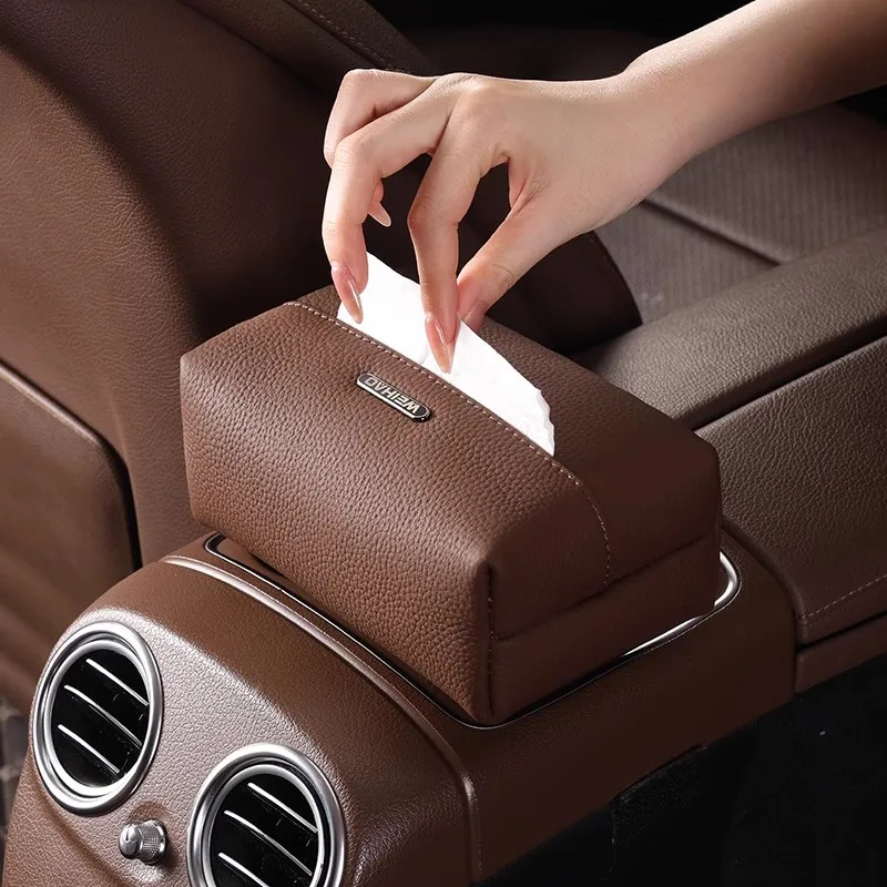 High Quality Leather Car Tissue Bag Interior Napkin Box High-grade Interior Storage Box for Cars Hand Rest Box Napkin Container