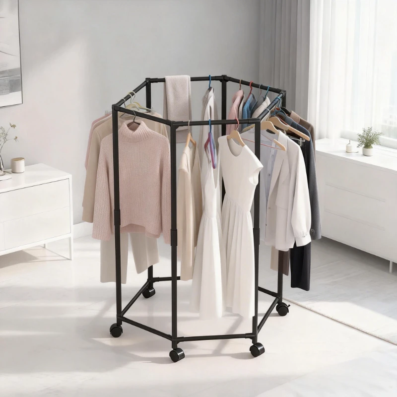 Estante de almacenamiento de ropa multifuncional con poleas, tendedero de tela de Metal móvil, estante organizador de abrigos hexagonal giratorio para dormitorio