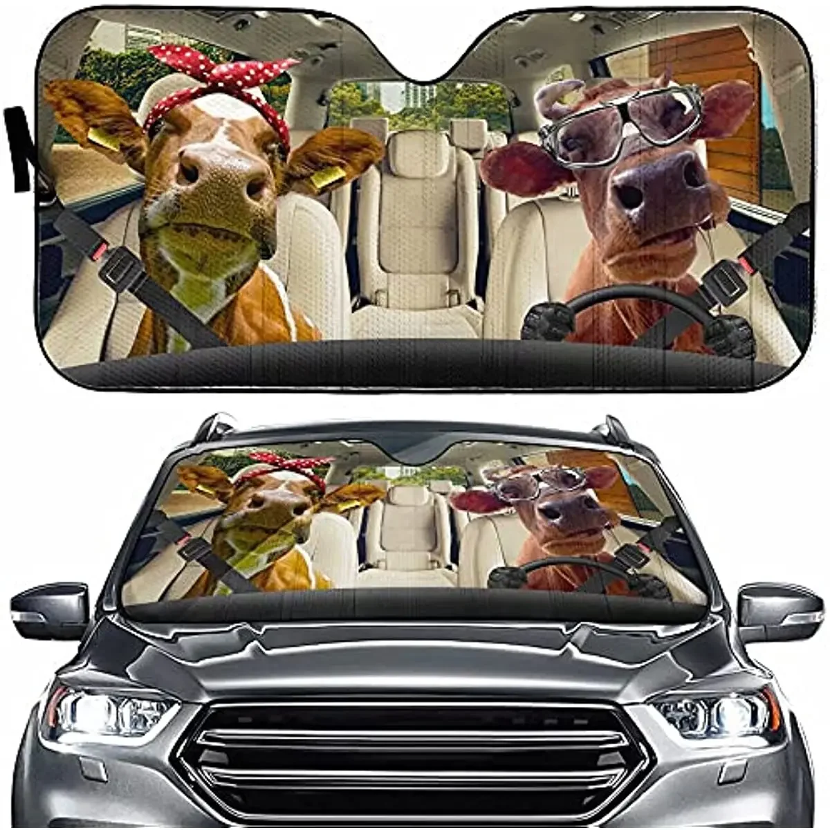 Farm Cow Driver Auto Windshield Sun Shade,Funny Heifer Couple Sun Visor Protector Sunshade for Car Truck SUV to Keep Your Vehicl