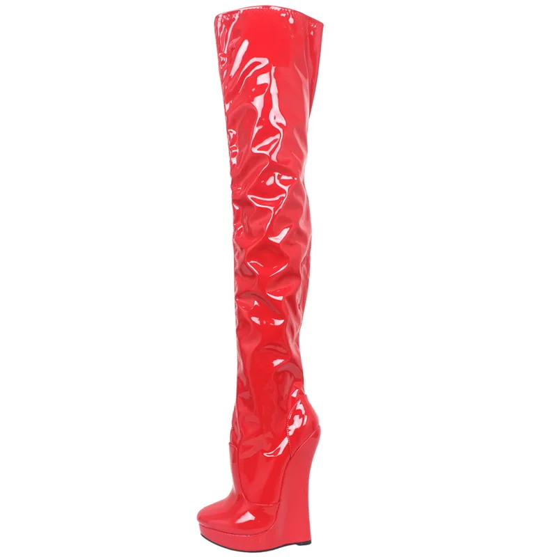 18CM Women Wedges Thigh High Boots,Stage Show Platform Booties,Men Cosplay Shoes Long Botas,Black,Red,Blue,Customized Colors